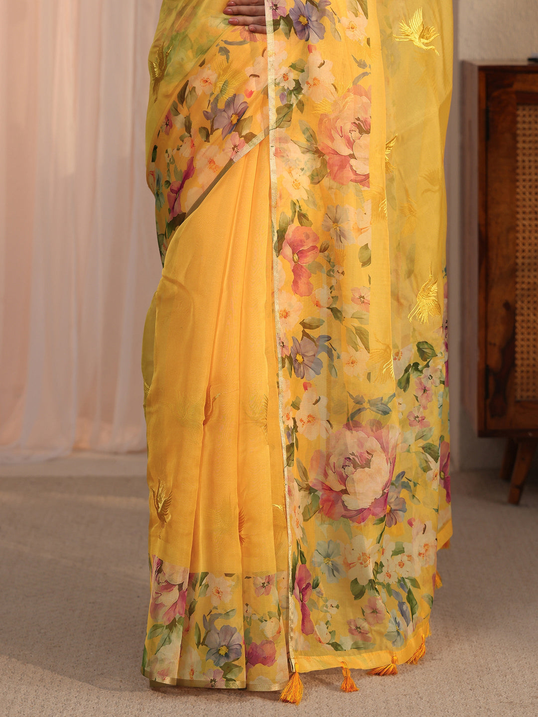 Libas Yellow Floral Printed Organza Tassel Saree