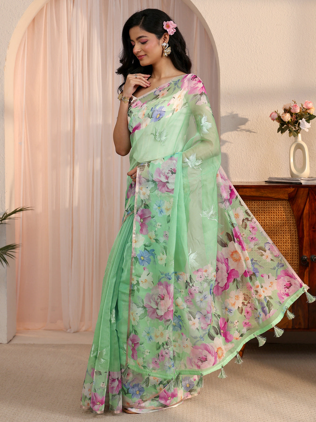 Libas Green Floral Printed Organza Tassel Saree