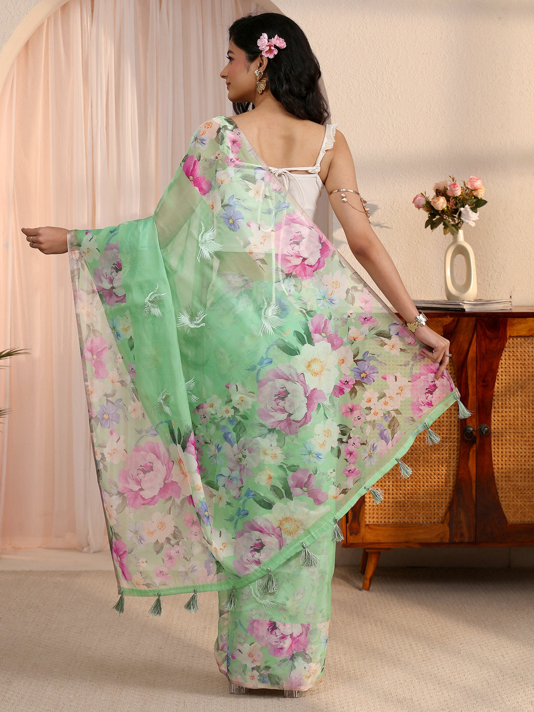 Libas Green Floral Printed Organza Tassel Saree