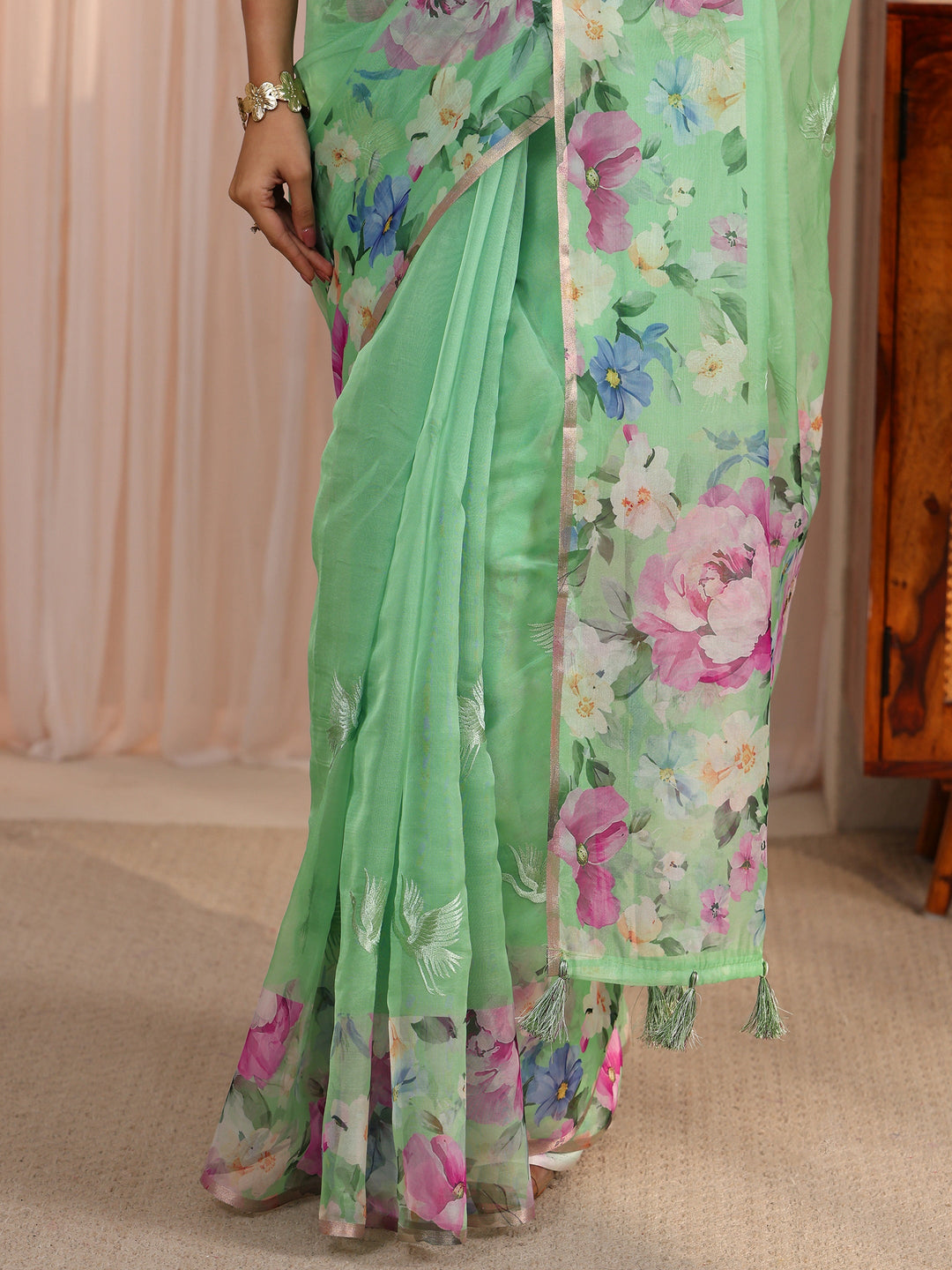 Libas Green Floral Printed Organza Tassel Saree