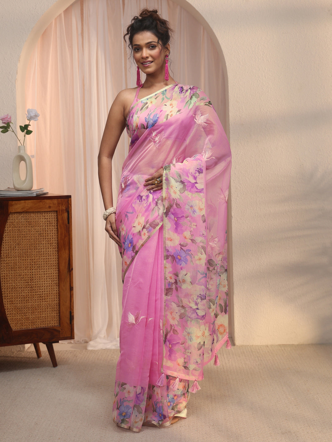 Libas Pink Floral Printed Organza Tassel Saree