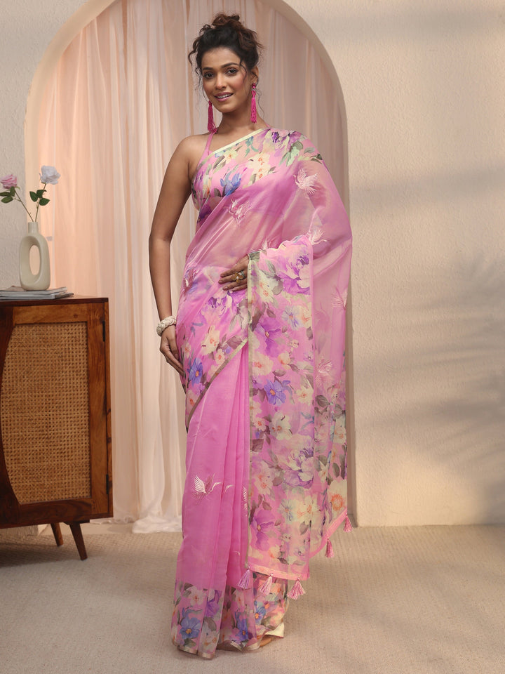 Libas Pink Floral Printed Organza Tassel Saree