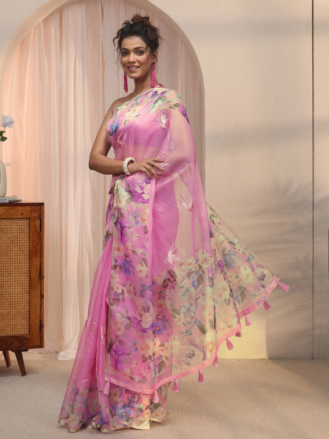 Libas Pink Floral Printed Organza Tassel Saree