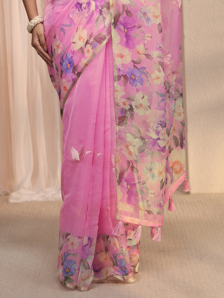 Libas Pink Floral Printed Organza Tassel Saree
