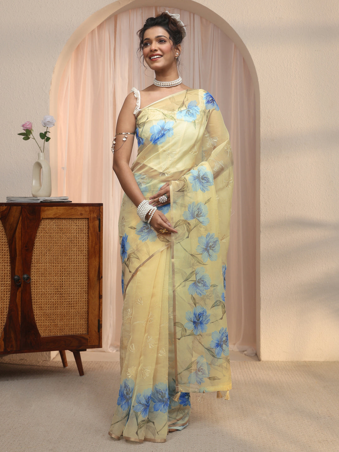 Libas Beige Floral Printed Organza Tassel Saree