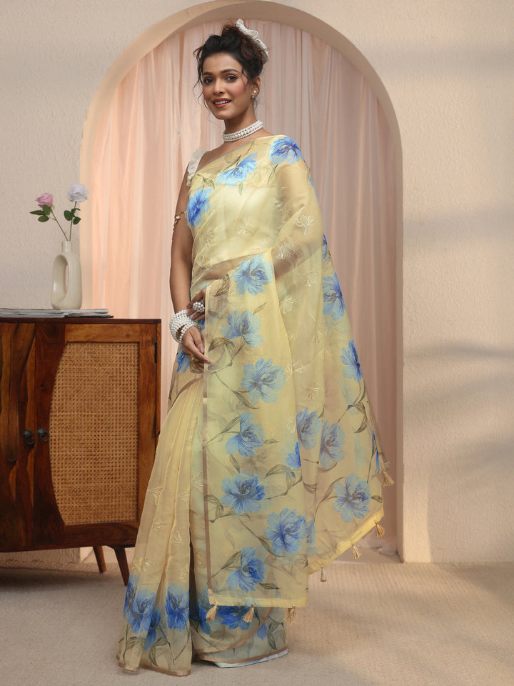 Libas Beige Floral Printed Organza Tassel Saree