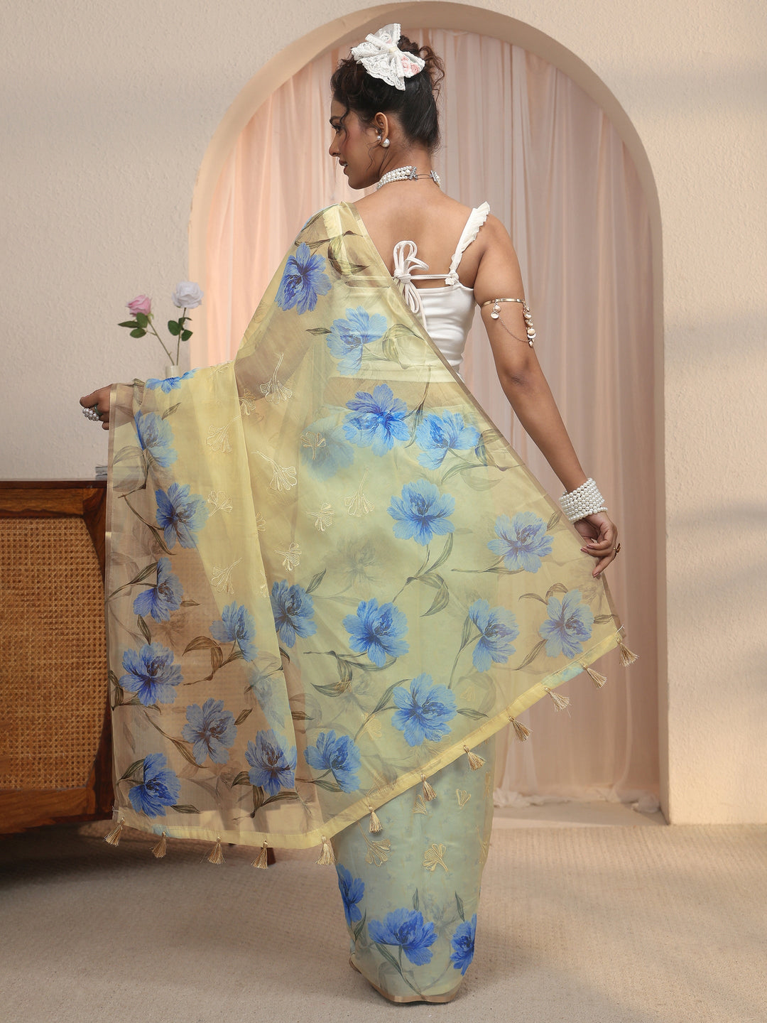 Libas Beige Floral Printed Organza Tassel Saree