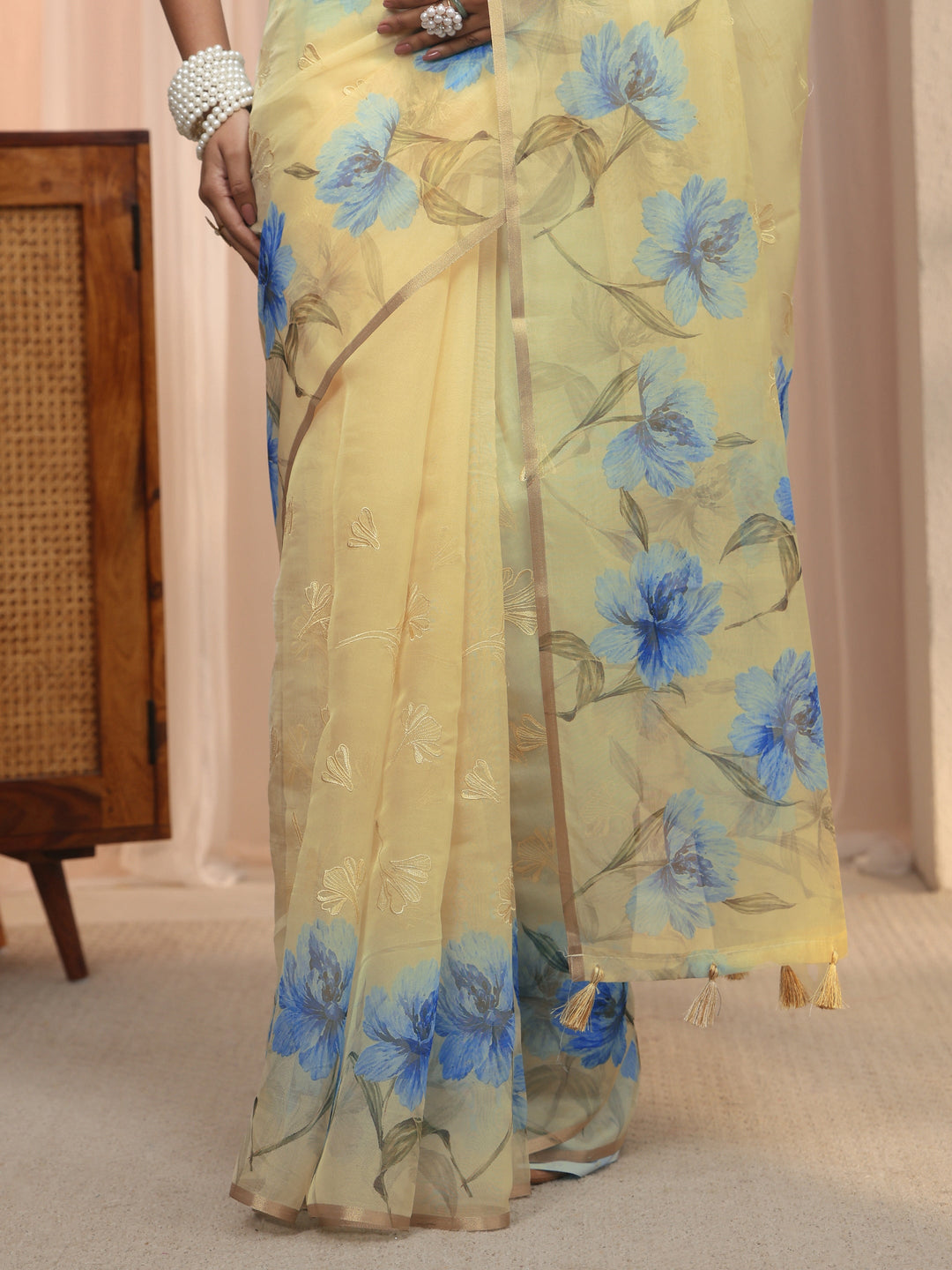 Libas Beige Floral Printed Organza Tassel Saree