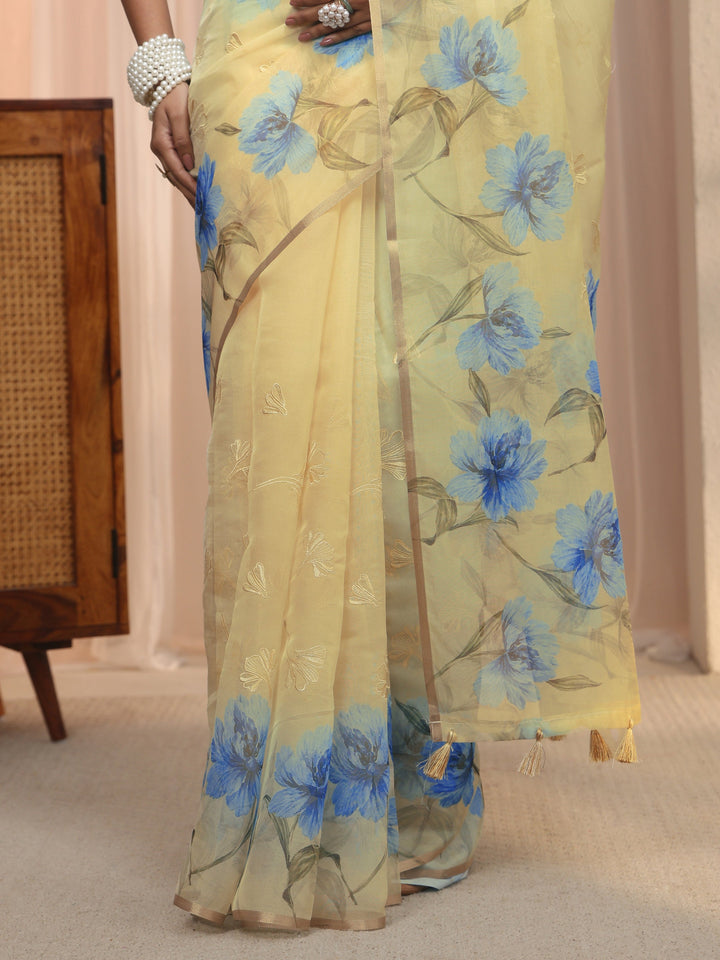 Libas Beige Floral Printed Organza Tassel Saree