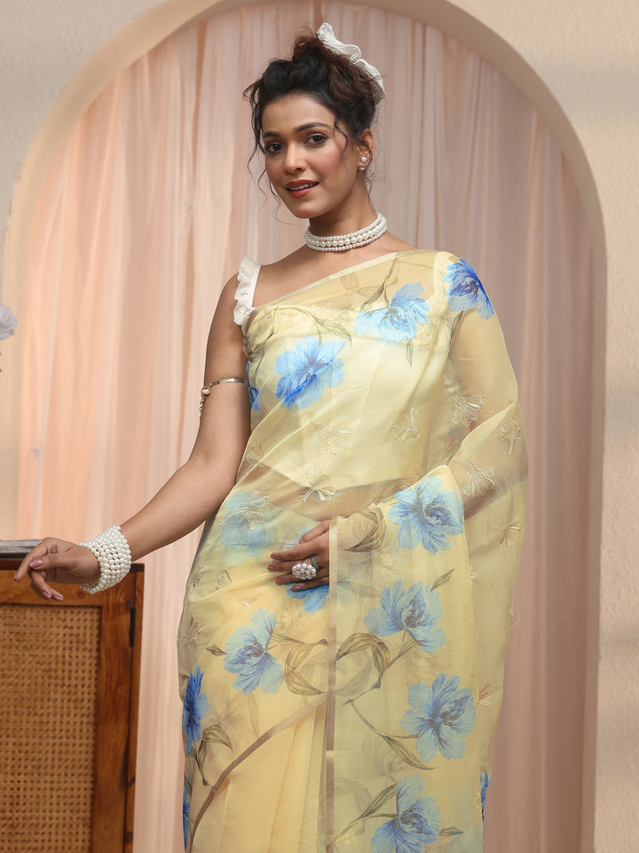 Libas Beige Floral Printed Organza Tassel Saree