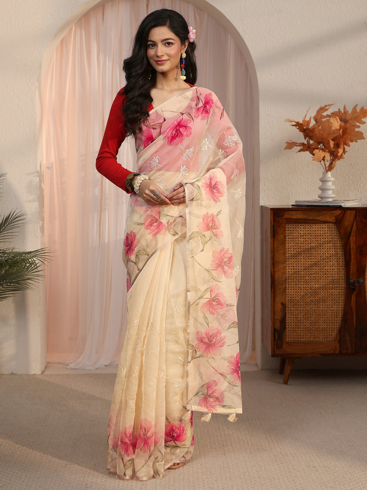 Libas Beige Floral Printed Organza Tassel Saree