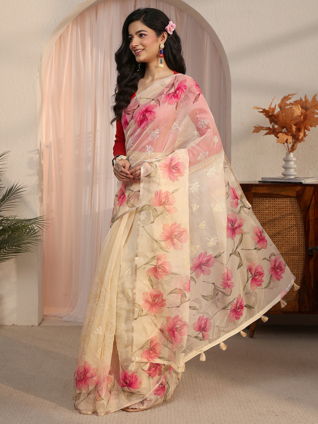 Libas Beige Floral Printed Organza Tassel Saree