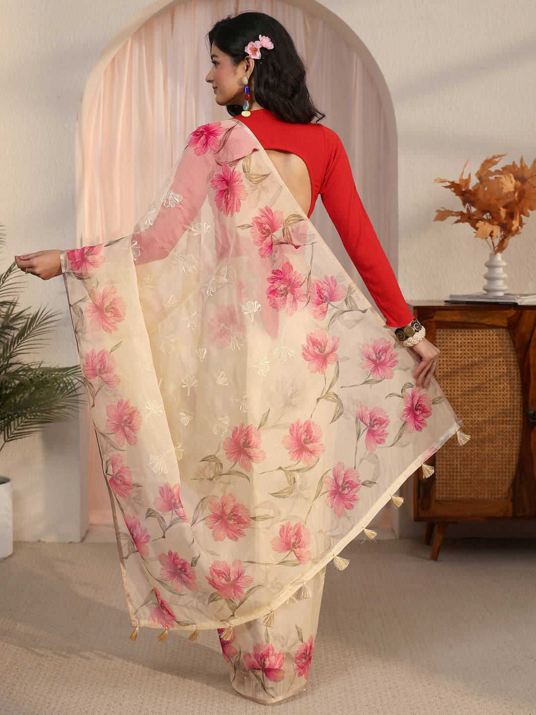 Libas Beige Floral Printed Organza Tassel Saree