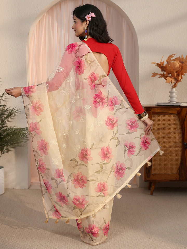 Libas Beige Floral Printed Organza Tassel Saree