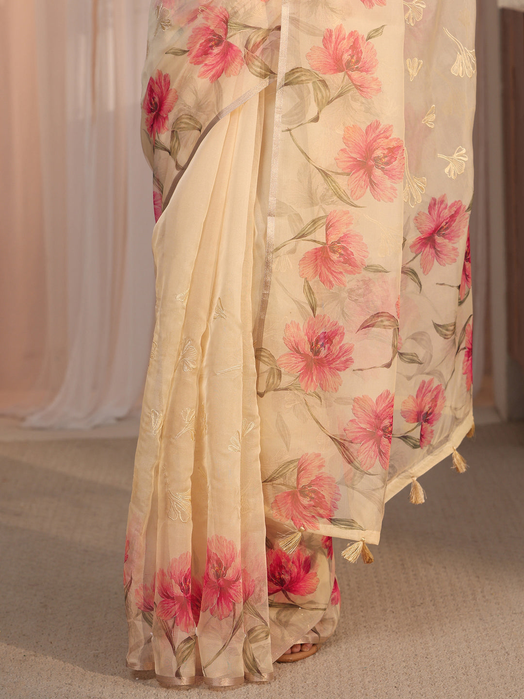 Libas Beige Floral Printed Organza Tassel Saree