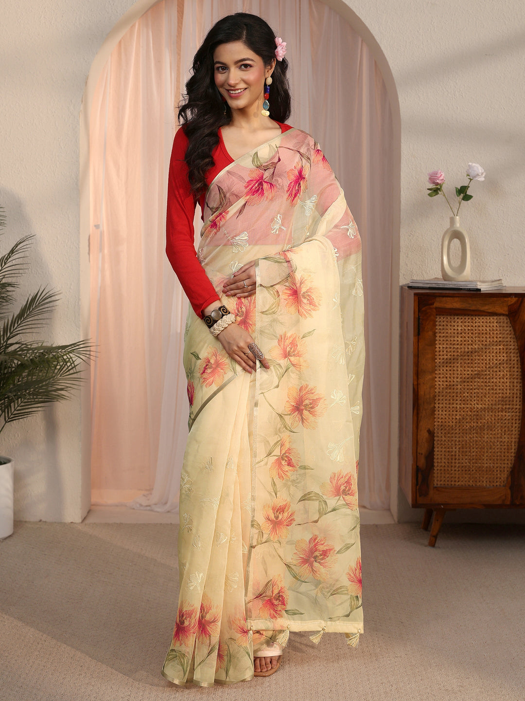 Libas Beige Floral Printed Organza Tassel Saree