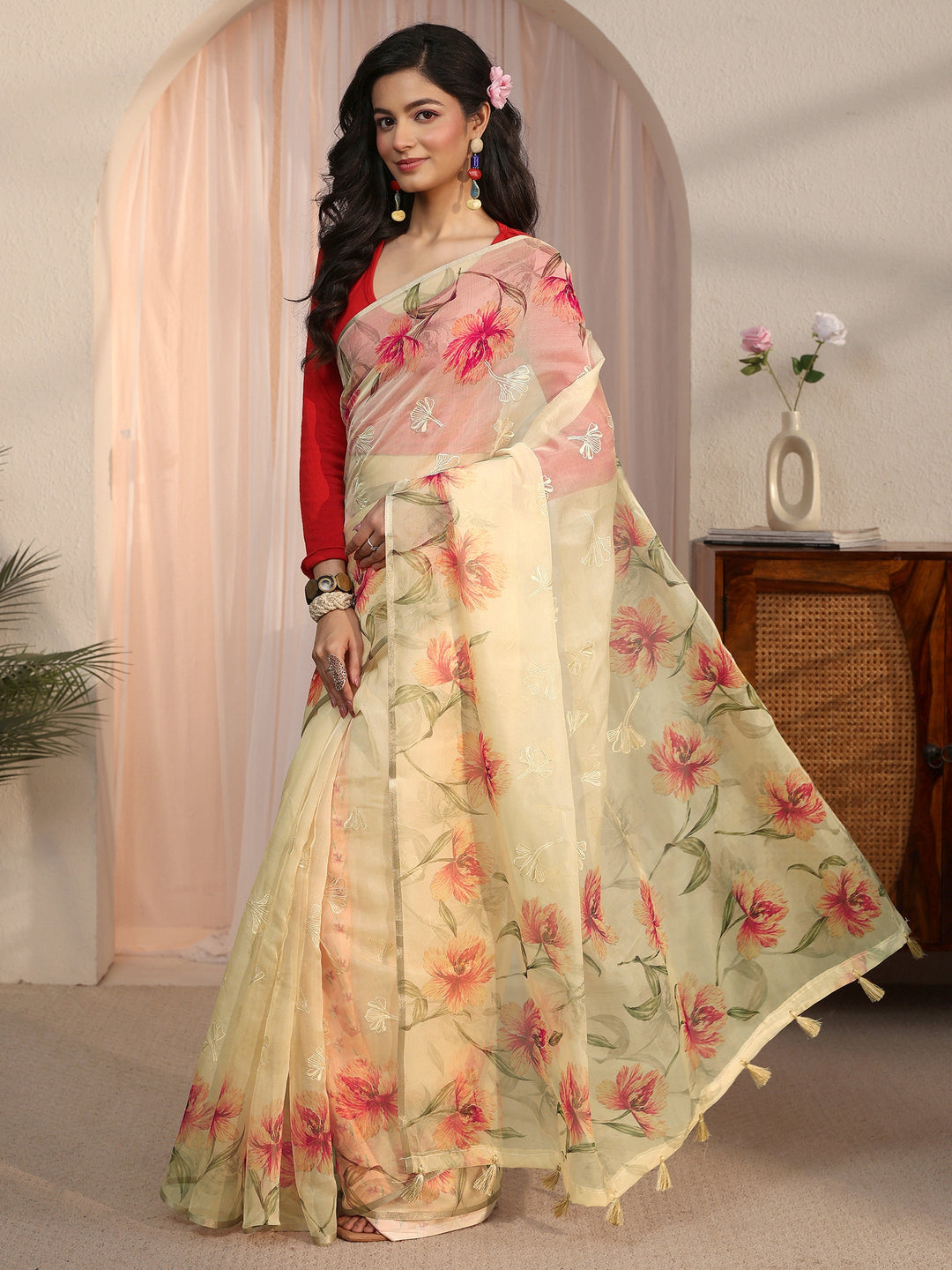 Libas Beige Floral Printed Organza Tassel Saree