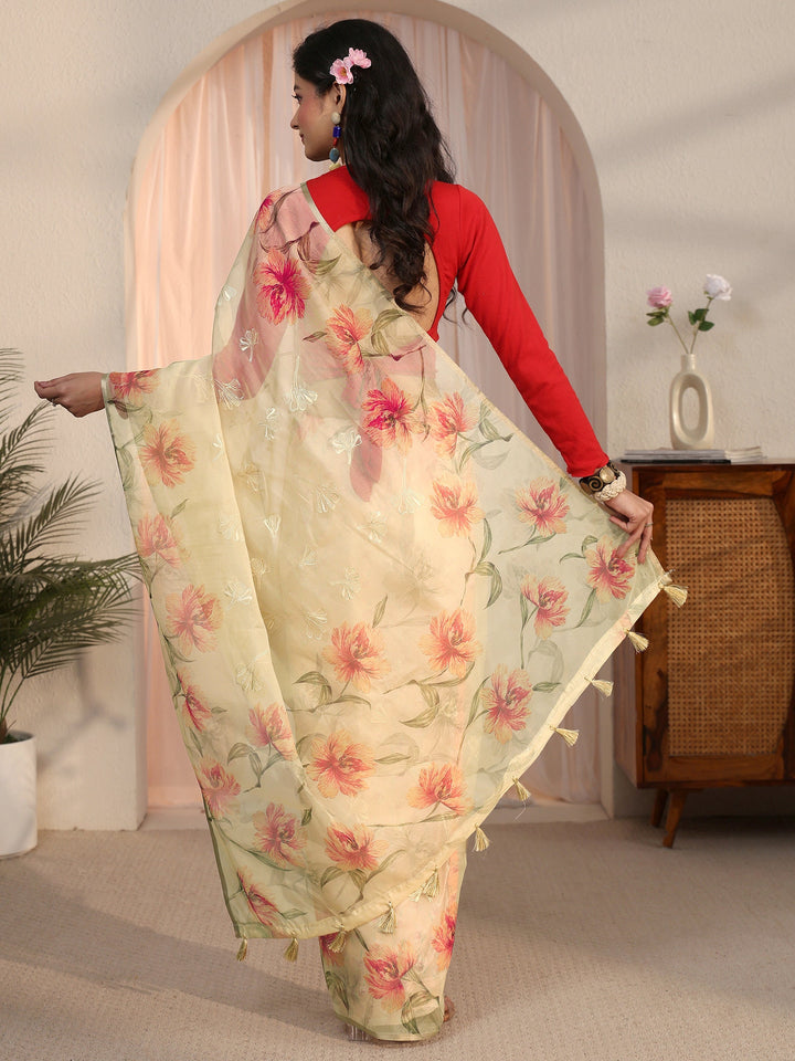 Libas Beige Floral Printed Organza Tassel Saree