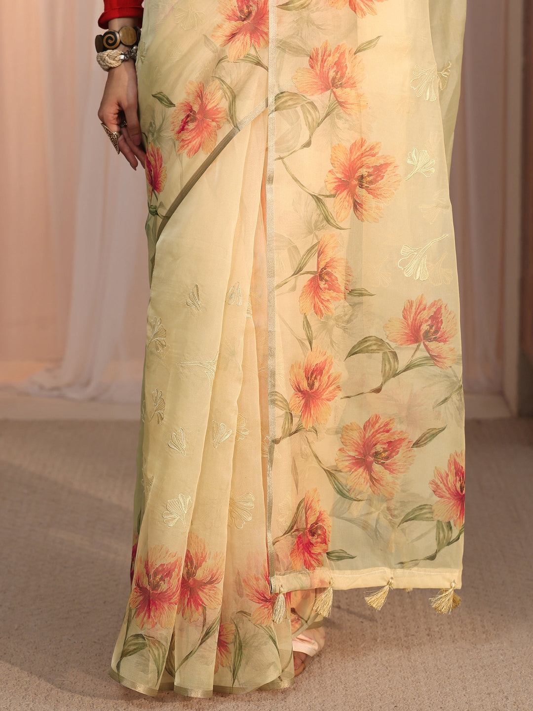 Libas Beige Floral Printed Organza Tassel Saree