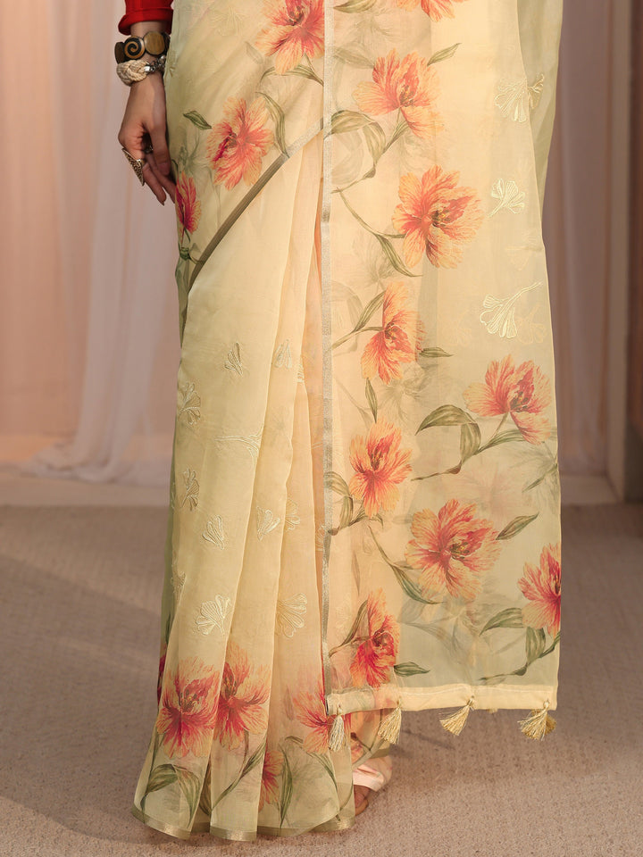 Libas Beige Floral Printed Organza Tassel Saree