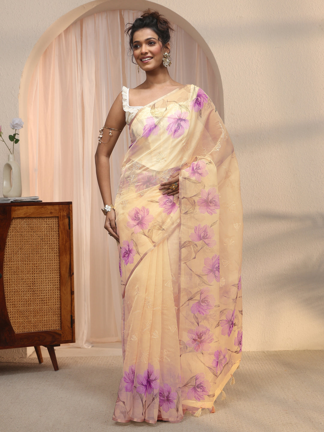 Libas Beige Floral Printed Organza Tassel Saree