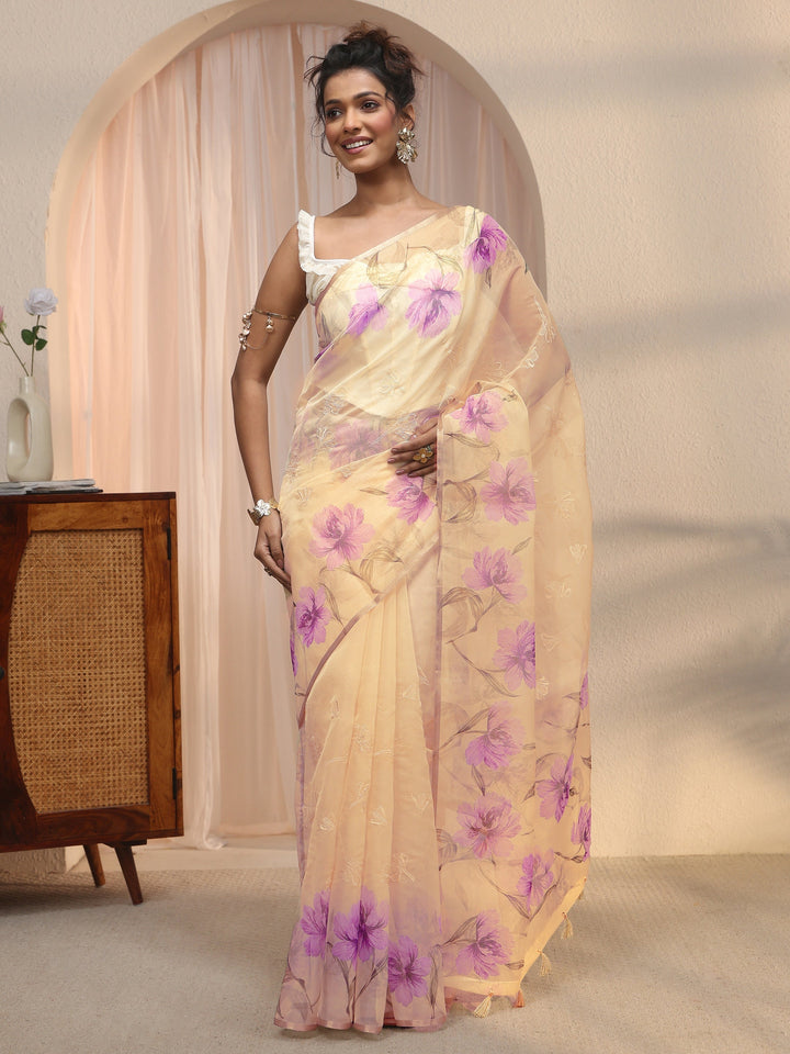 Libas Beige Floral Printed Organza Tassel Saree