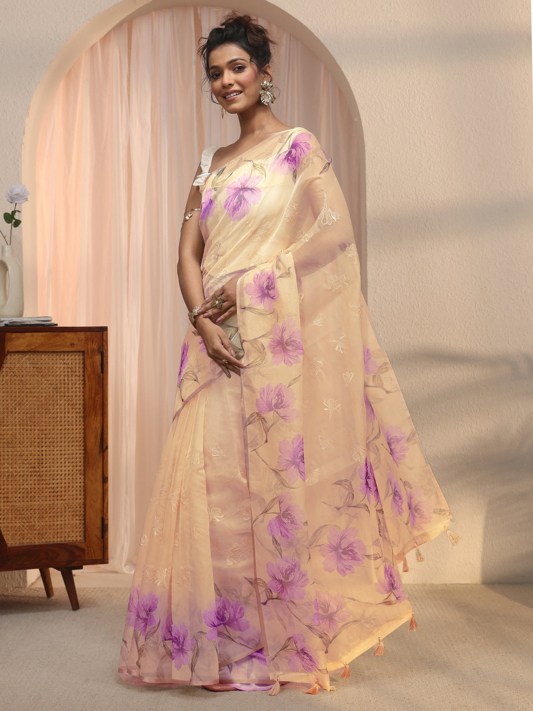 Libas Beige Floral Printed Organza Tassel Saree