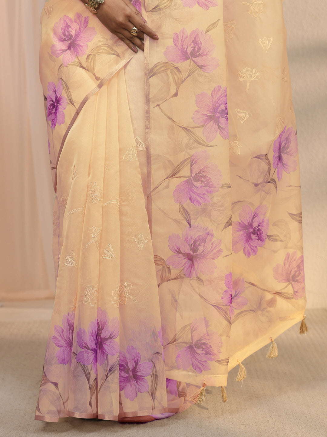 Libas Beige Floral Printed Organza Tassel Saree