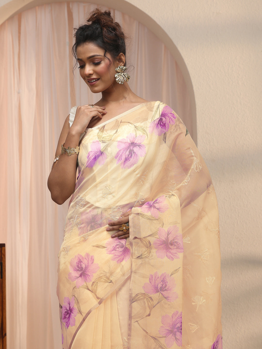 Libas Beige Floral Printed Organza Tassel Saree