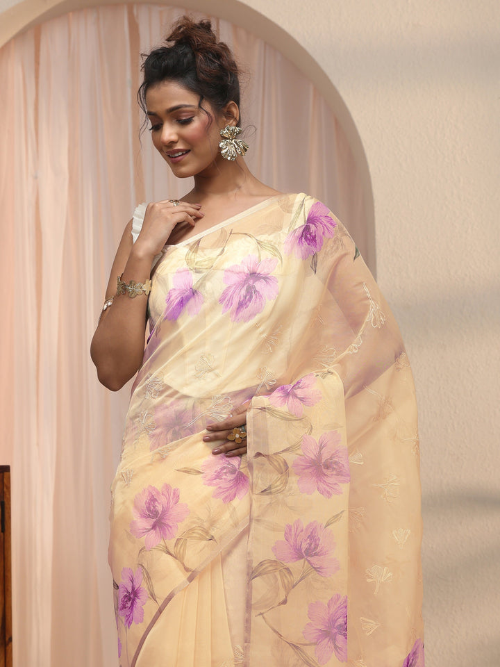 Libas Beige Floral Printed Organza Tassel Saree