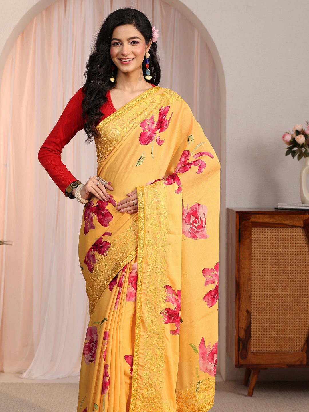 Libas Mustard Floral Printed Chiffon Saree with Embroidered Border