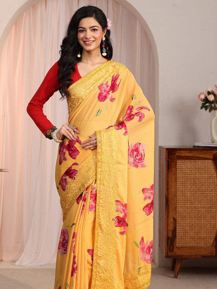 Libas Mustard Floral Printed Chiffon Saree with Embroidered Border