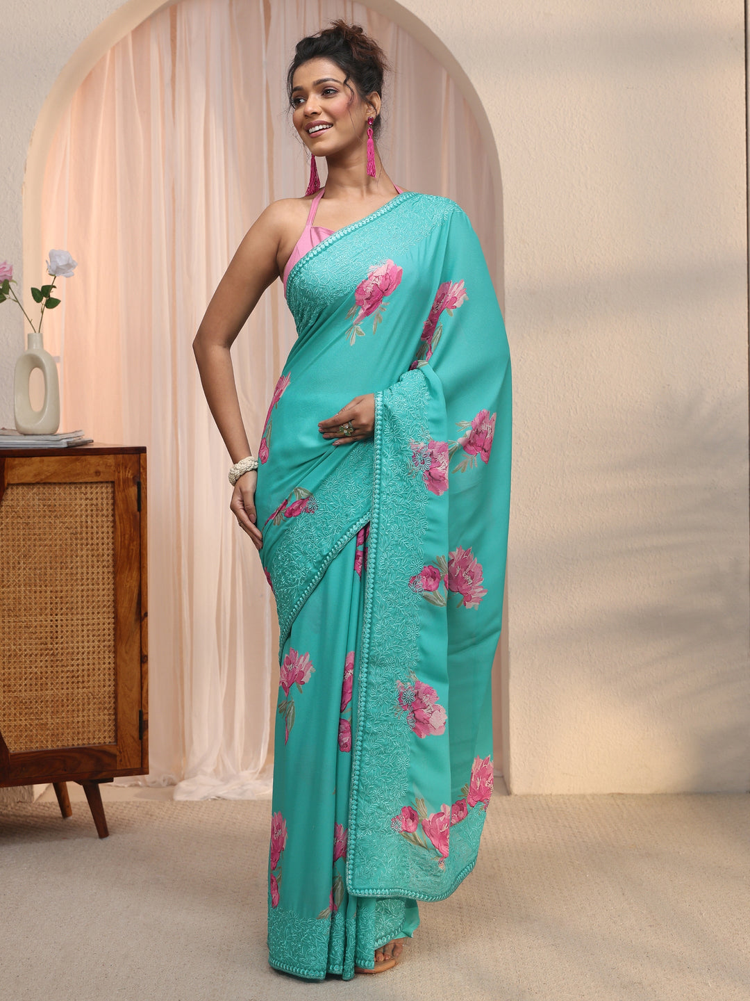 Libas Blue Floral Printed Chiffon Saree with Embroidered Border