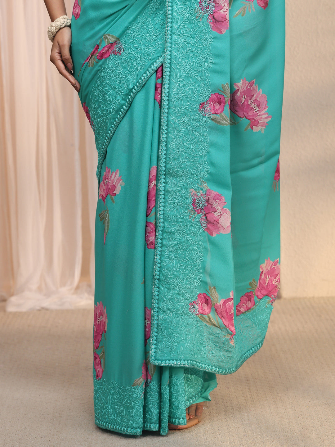 Libas Blue Floral Printed Chiffon Saree with Embroidered Border