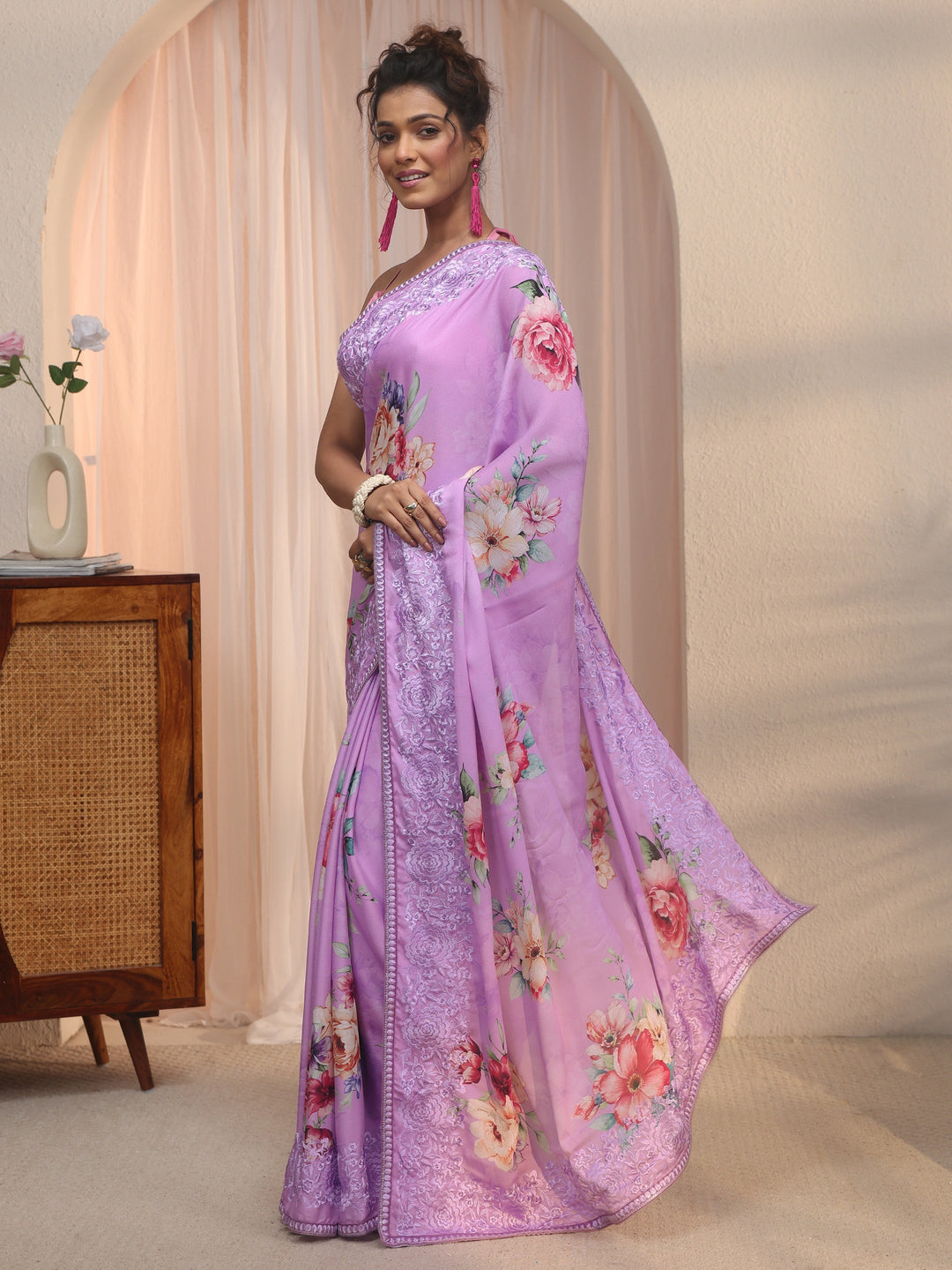 Libas Lavender Floral Printed Chiffon Saree with Embroidered Border