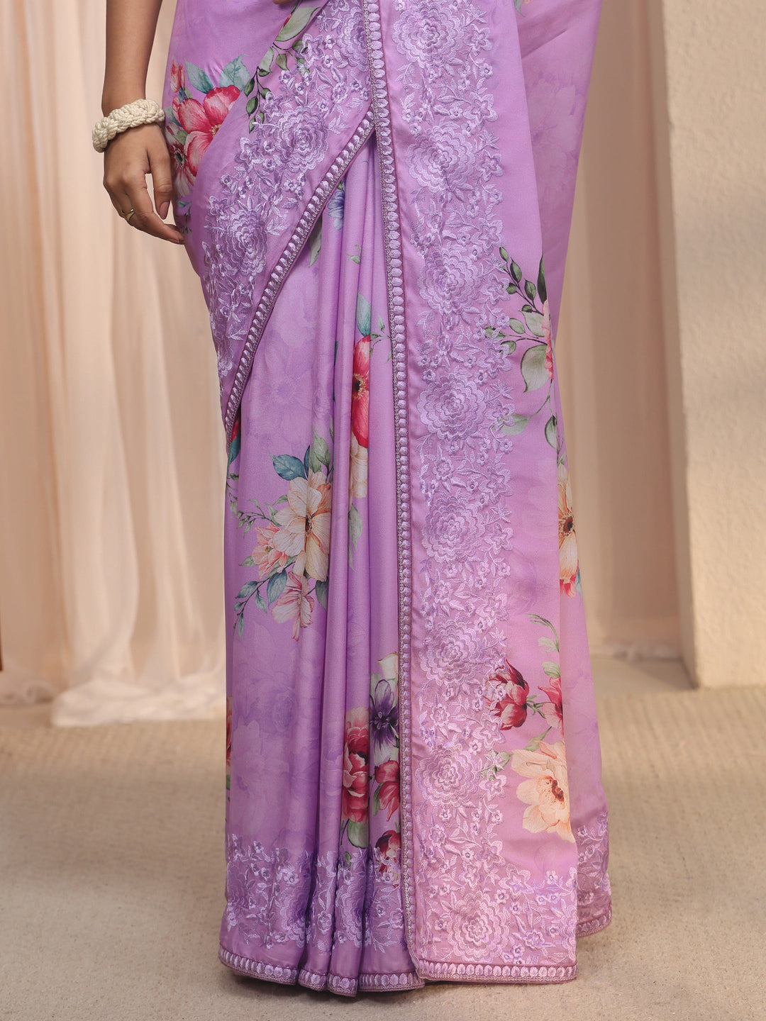Libas Lavender Floral Printed Chiffon Saree with Embroidered Border
