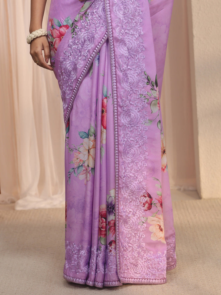 Libas Lavender Floral Printed Chiffon Saree with Embroidered Border