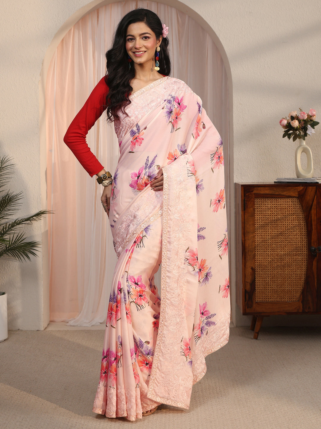 Libas Cream Floral Printed Chiffon Saree with Embroidered Border
