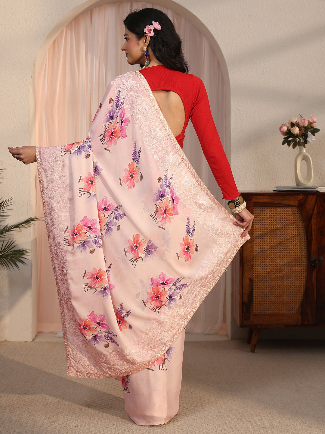 Libas Cream Floral Printed Chiffon Saree with Embroidered Border