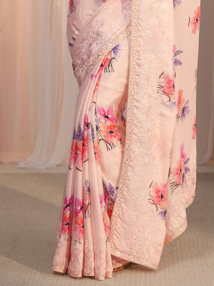 Libas Cream Floral Printed Chiffon Saree with Embroidered Border