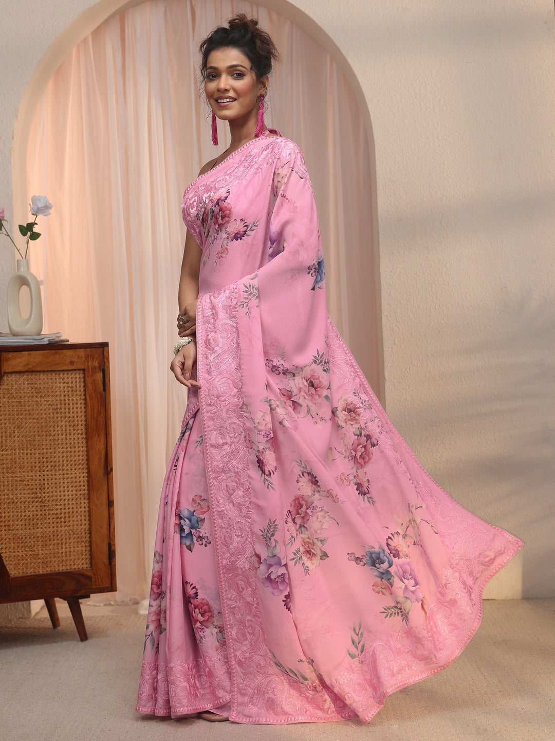 Libas Pink Floral Printed Chiffon Saree with Embroidered Border