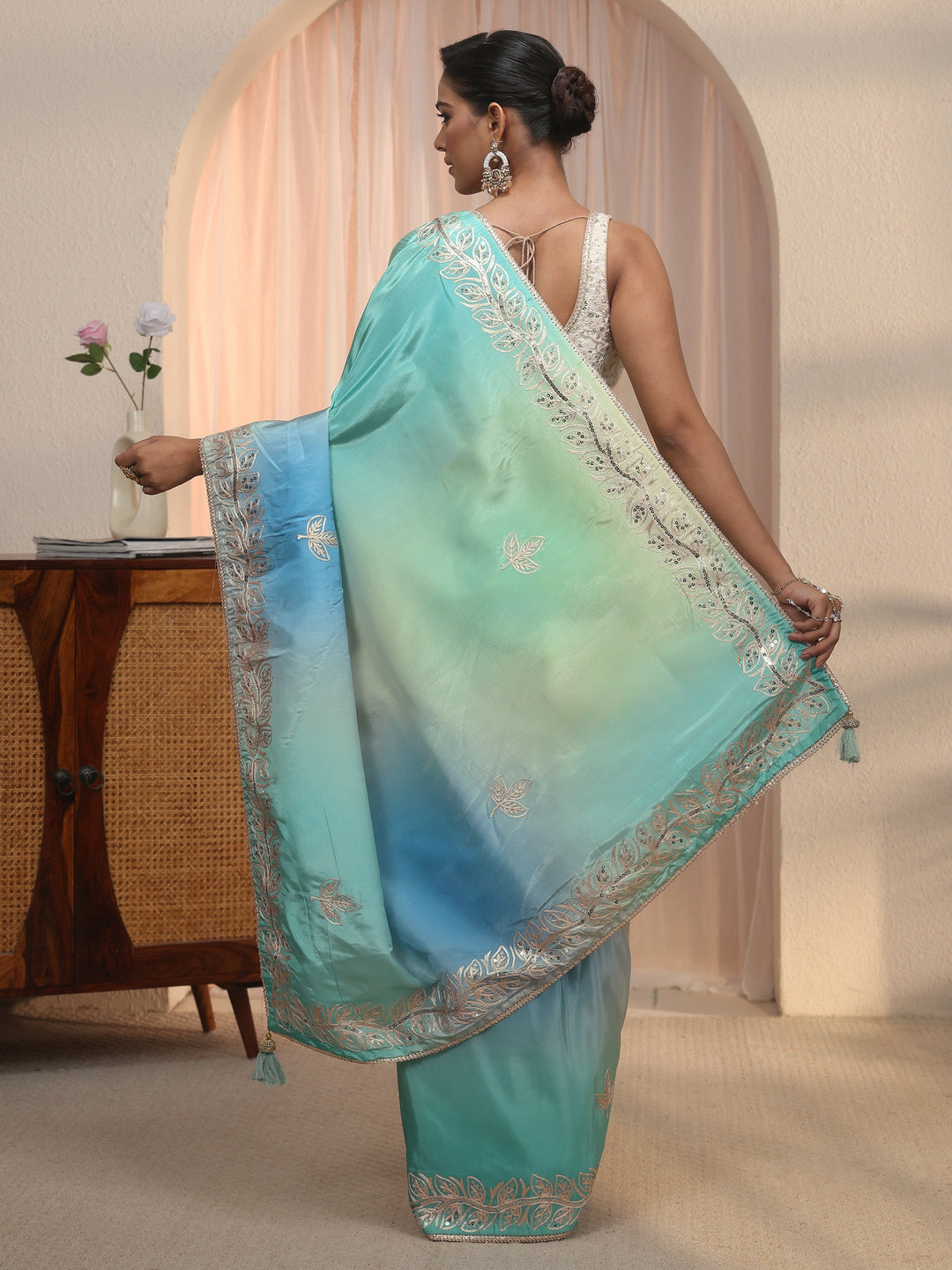 Libas Multi Coloured Floral Embroidered Satin Saree