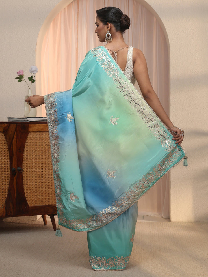 Libas Multi Coloured Floral Embroidered Satin Saree