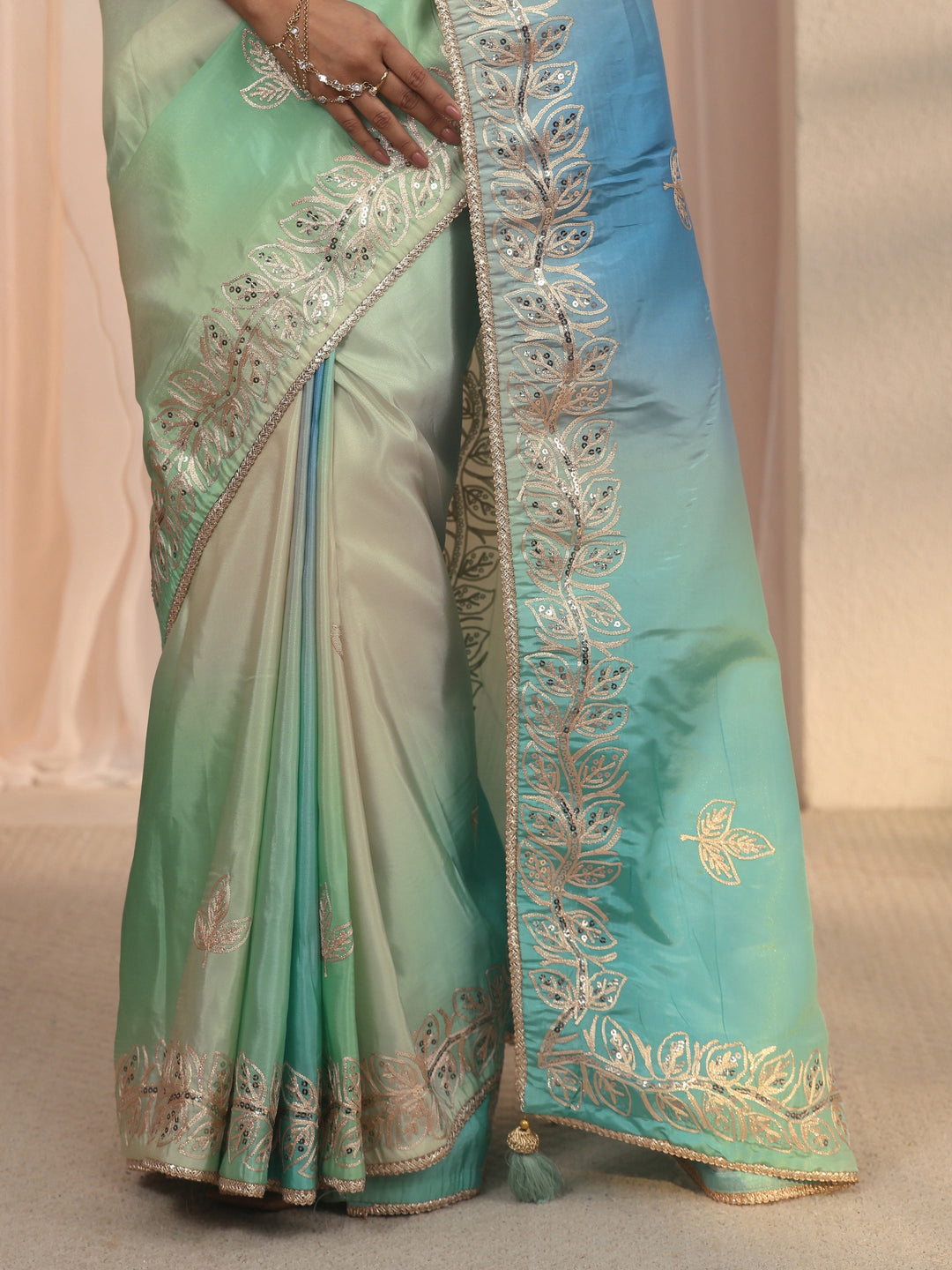 Libas Multi Coloured Floral Embroidered Satin Saree