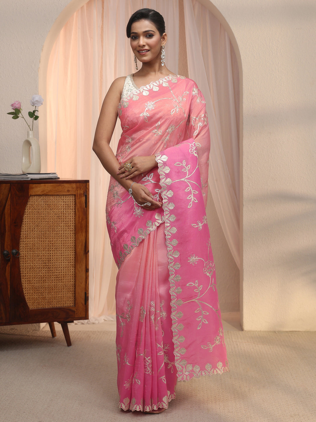 Libas Pink Floral Embroidered Satin Saree