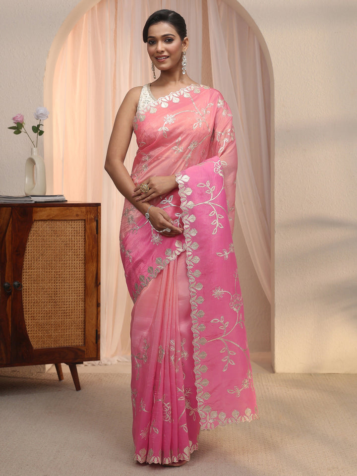 Libas Pink Floral Embroidered Satin Saree