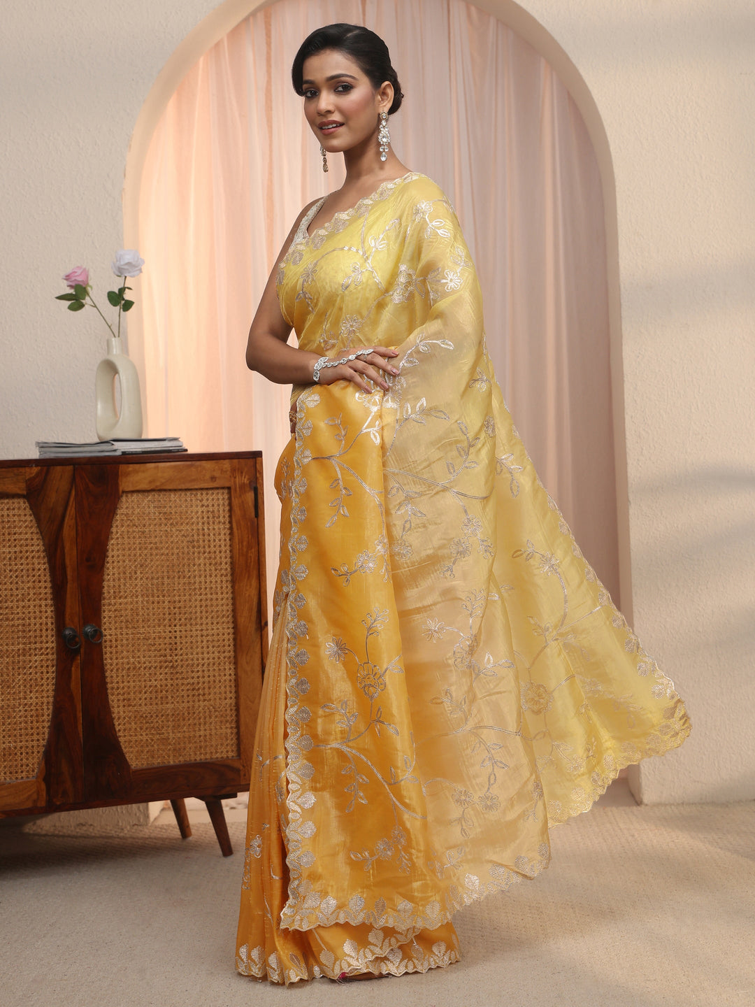 Libas Yellow Floral Embroidered Satin Saree