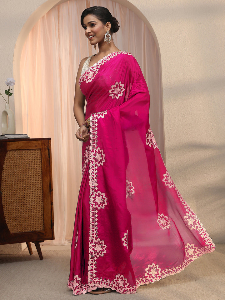 Libas Pink Floral Embroidered Sequinned Satin Saree