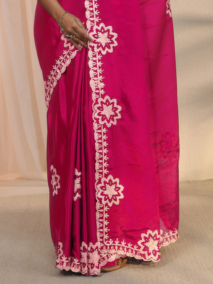 Libas Pink Floral Embroidered Sequinned Satin Saree