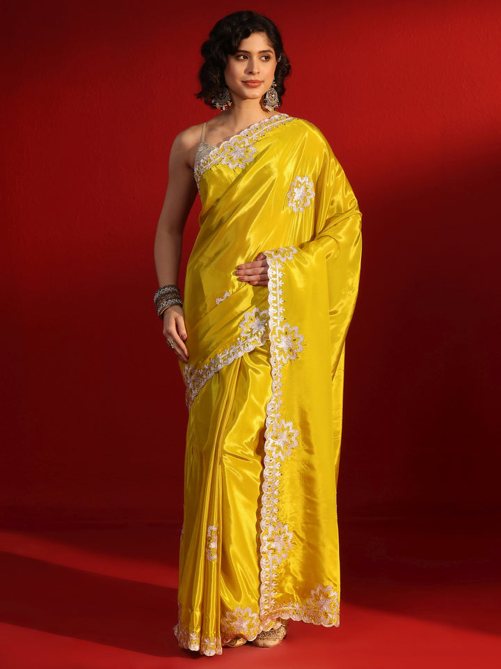Libas Mustard Floral Embroidered Sequinned Satin Saree